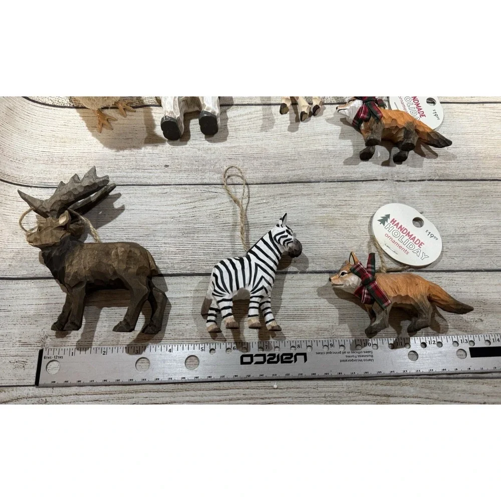 Lot of Handmade Holiday Wood Carved Animal Ornaments Moose Fox Zebra Giraffe T18